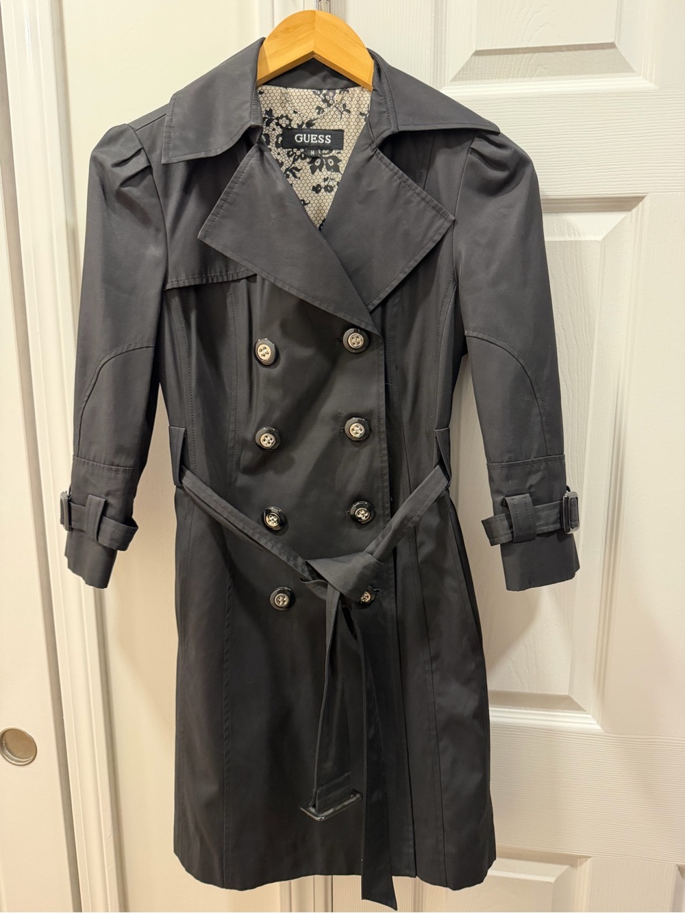 GUESS Women's Black Double-Breasted Trench Coat with Cropped Sleeves